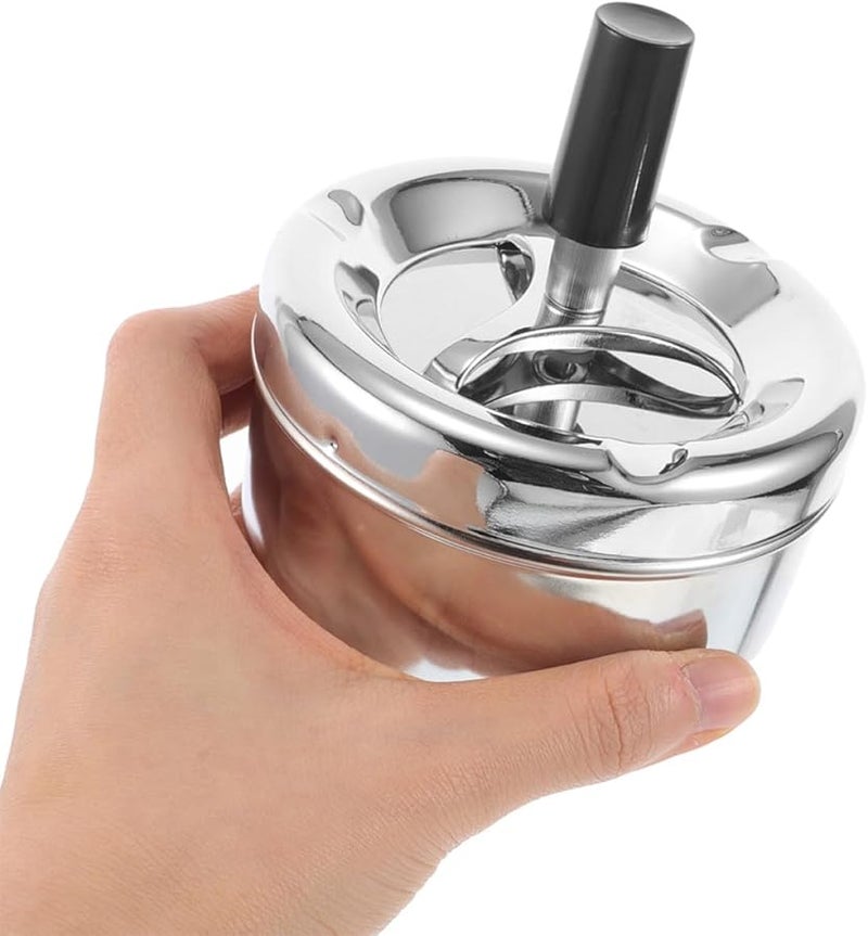 علبة رماد دوارة قابلة للدفع مع غطاء 2 قطعة صينية مكتبية معدنية فضية مقاومة للرياح وخالية من الدخان - Image 4